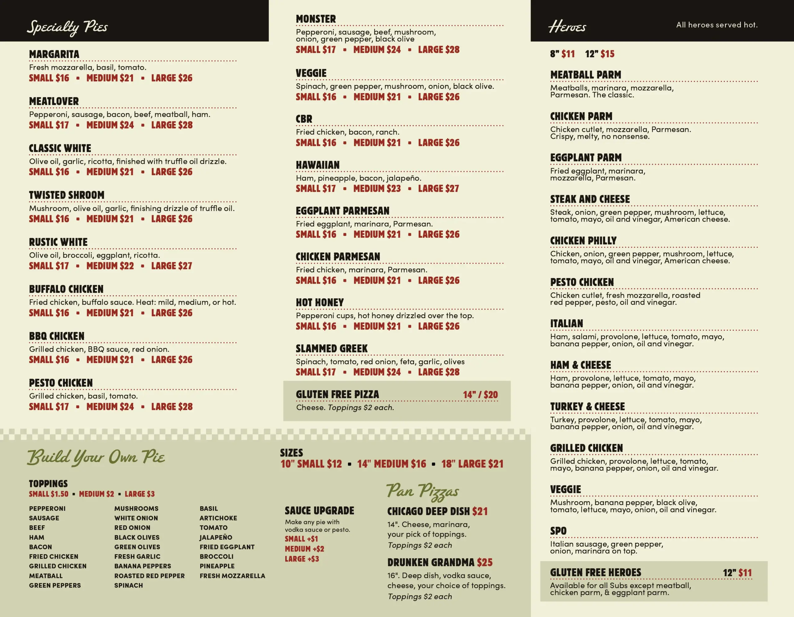 Bambino's Pizza menu — heroes, pastas, salads, and desserts