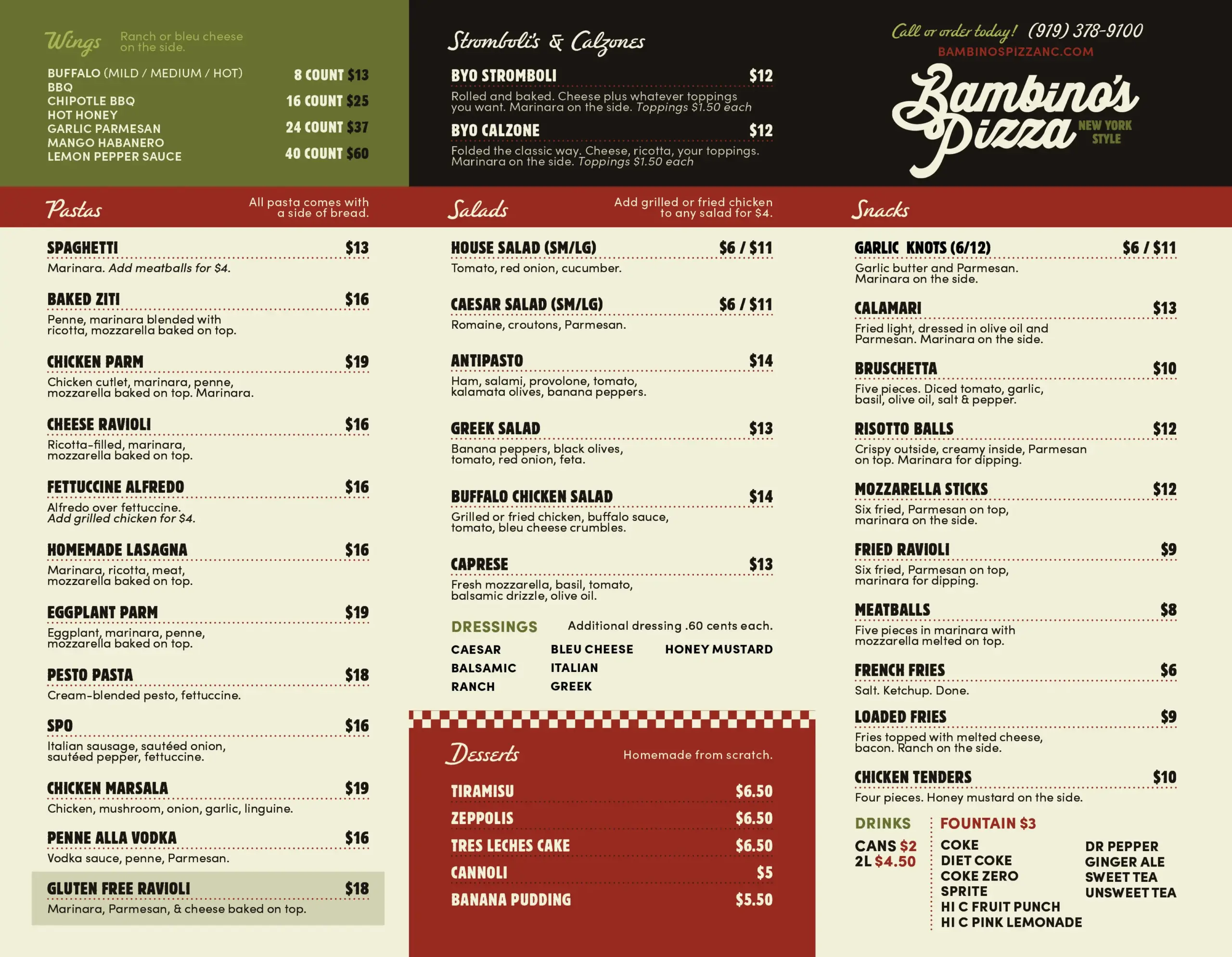 Bambino's Pizza menu — appetizers, specialty pizzas, and build-your-own options